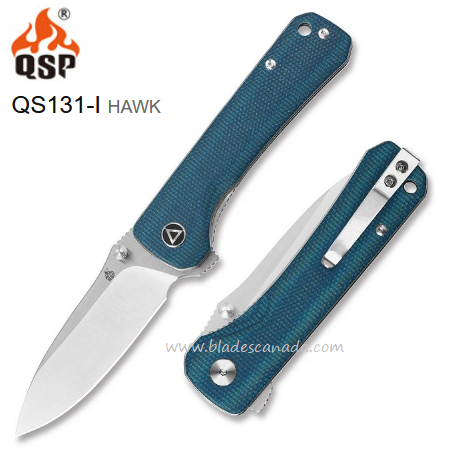 QSP Hawk Flipper Folding Knife, 14C28N Sandvik, Micarta Blue, QS131-I